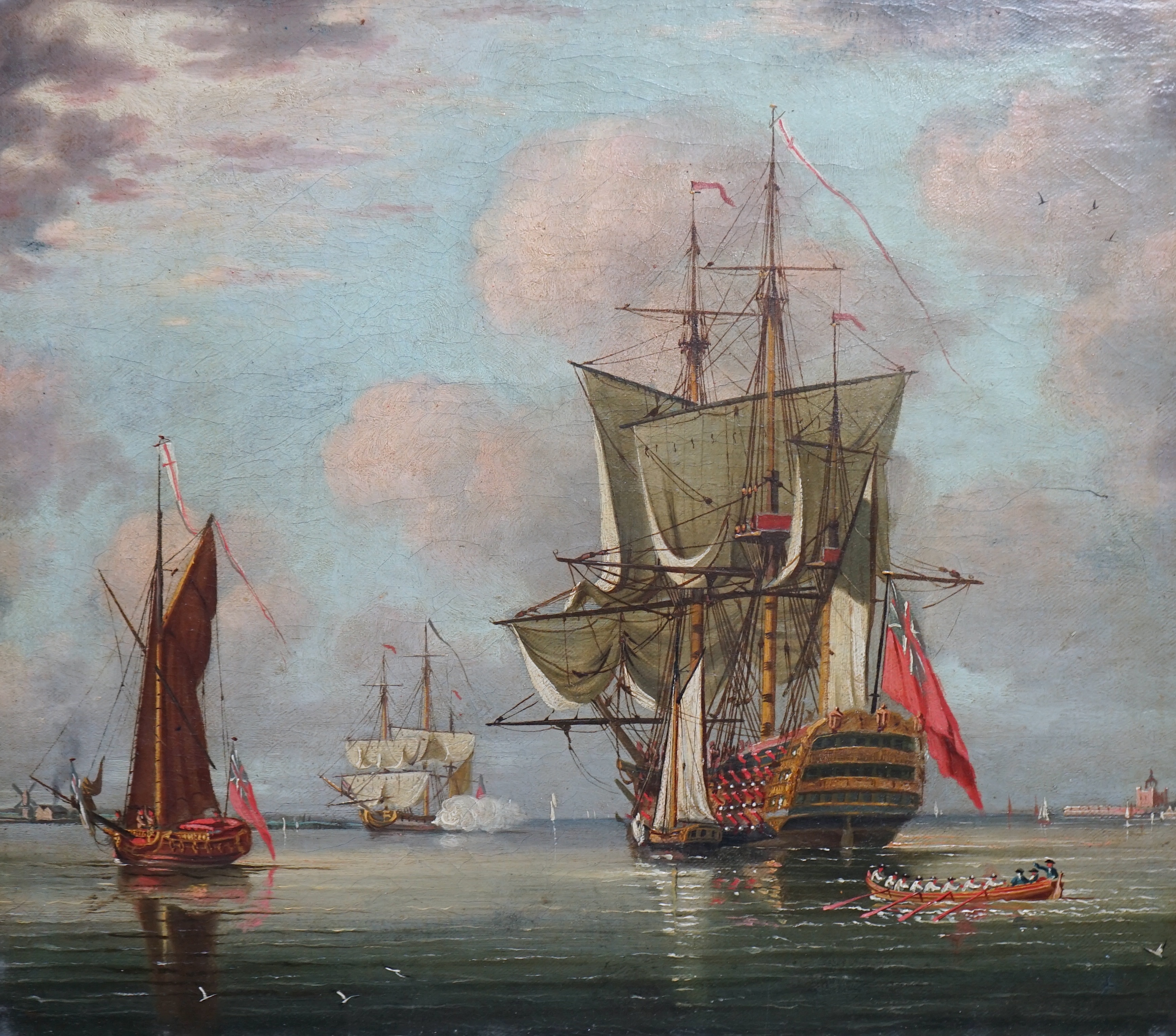 Early 19th century English School, HMS Britannia in Portsmouth harbour, oil on canvas, 41 x 46cm